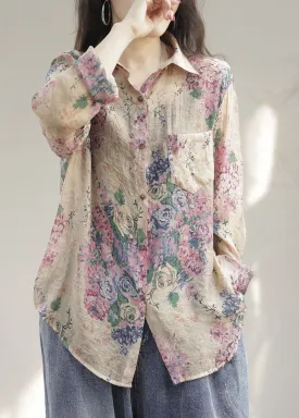 Modern Pink Peter Pan Collar Print Patchwork Linen Shirts Long Sleeve LY4079