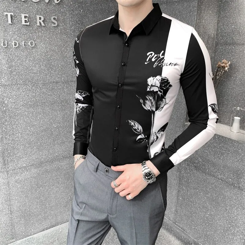 Nsqured Digital Print Patchwork Men's Long Sleeve Shirt