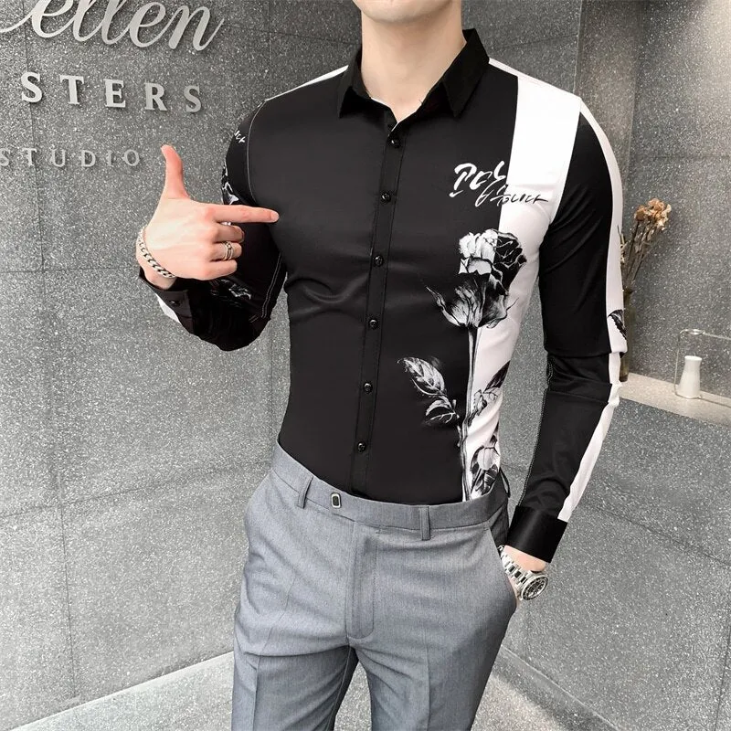 Nsqured Digital Print Patchwork Men's Long Sleeve Shirt