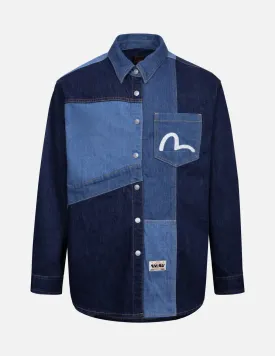 Patchwork with Seagull Embroidery Relax Fit Denim Shirt