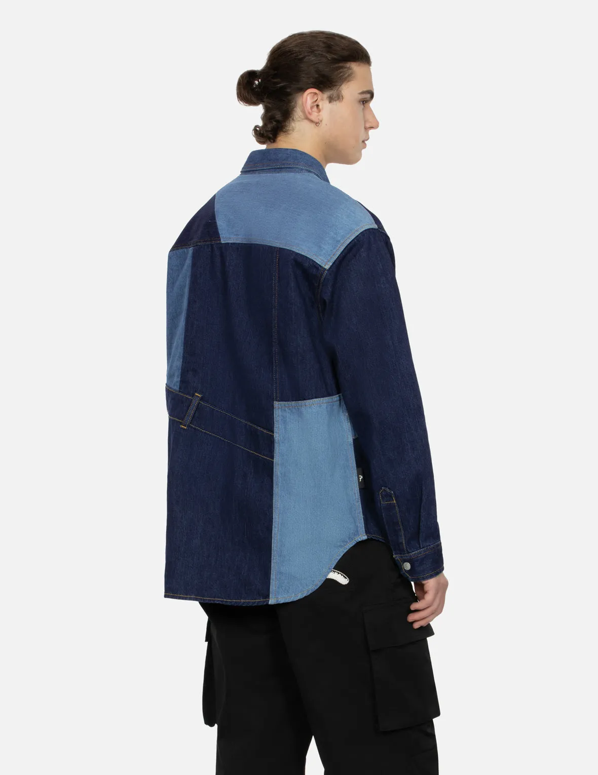 Patchwork with Seagull Embroidery Relax Fit Denim Shirt