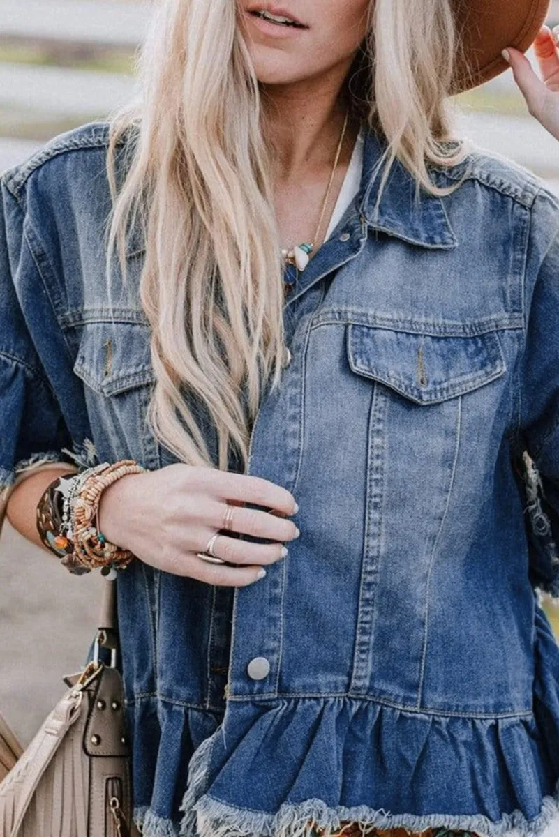 Peacock Ruffled Fringe Denim Jacket