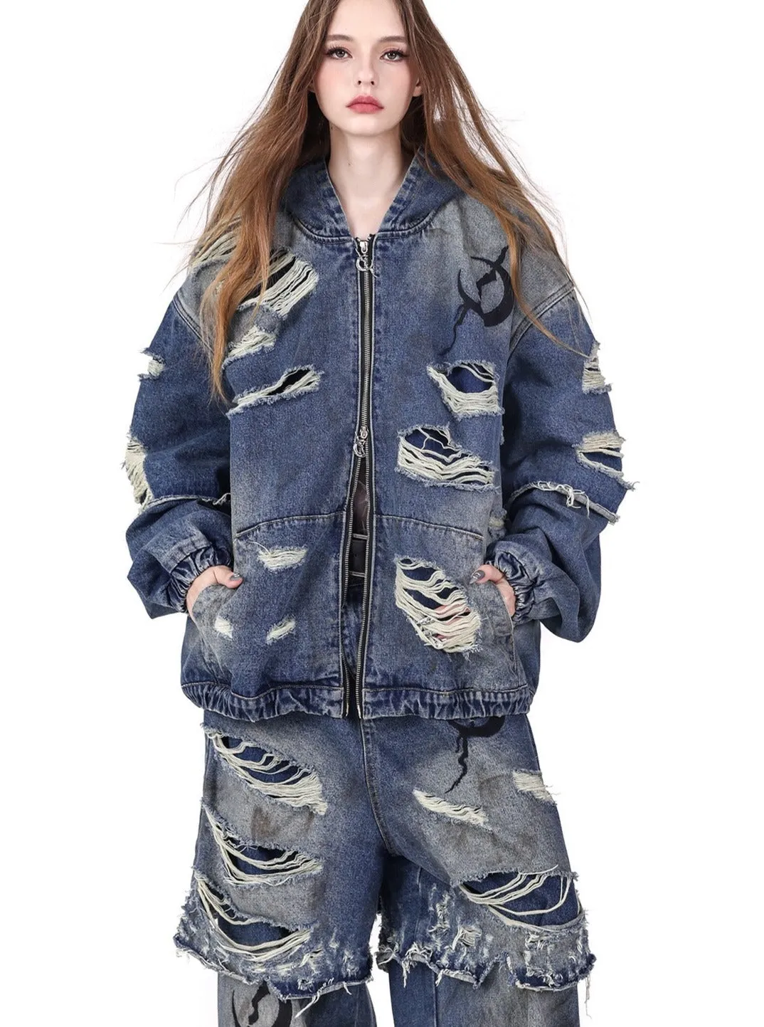 PINKSPINK Distressed Denim Layered Hoodie Jacket - Blue