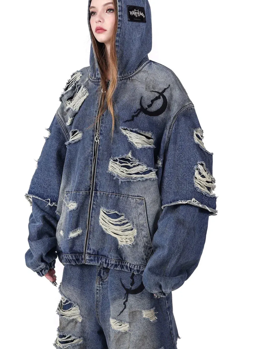 PINKSPINK Distressed Denim Layered Hoodie Jacket - Blue