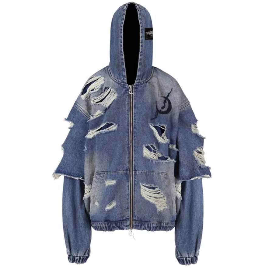 PINKSPINK Distressed Denim Layered Hoodie Jacket - Blue