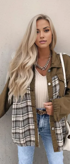 Plaid Patchwork Pockets Denim Jacket