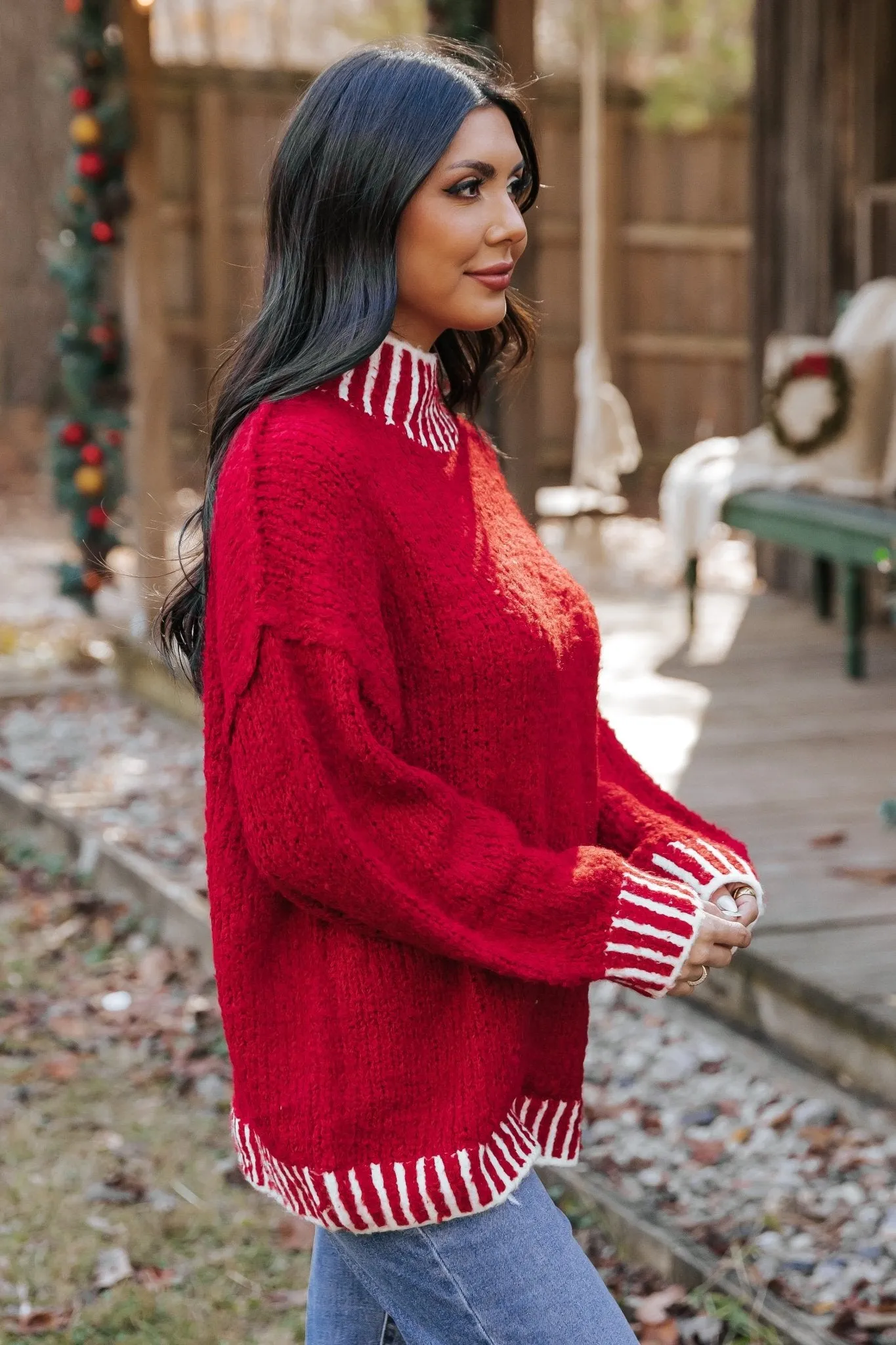 Red and White Contrast Stitch Sweater