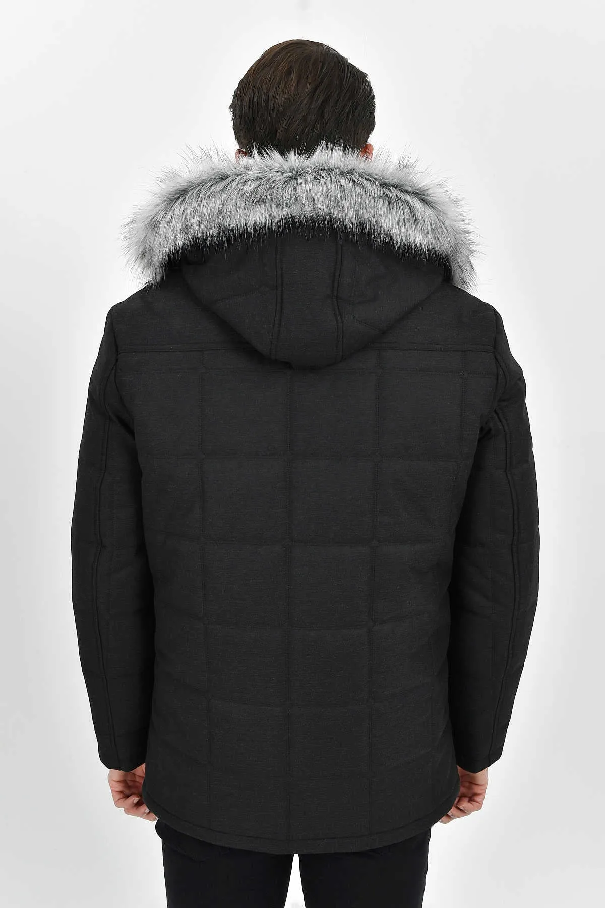 Regular Fit Faux Fur Hooded Black Coat