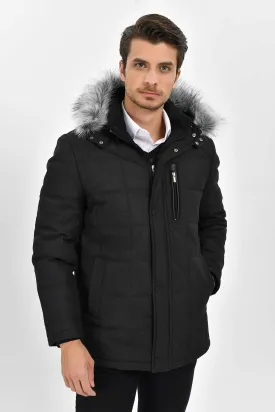 Regular Fit Faux Fur Hooded Black Coat