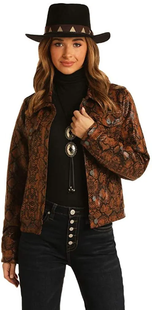 Rock and Roll Cowgirl Snake Print Denim Jacket, Brown