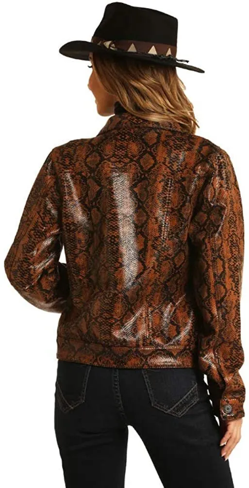 Rock and Roll Cowgirl Snake Print Denim Jacket, Brown