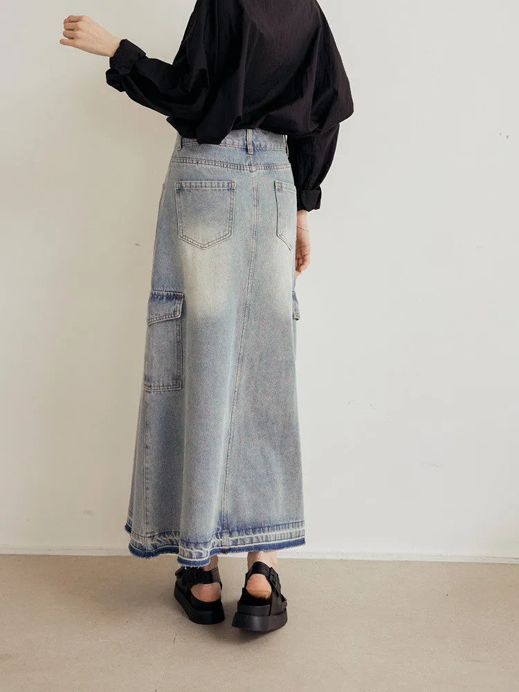 Sexy Denim Washed Pockets Long Slit Maxi Skirt