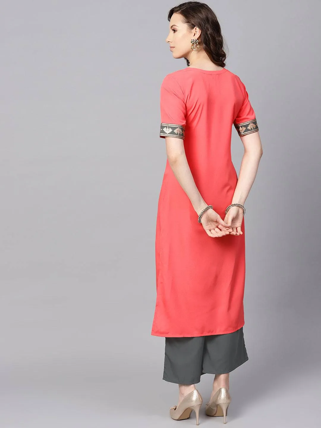 Solid Peach Crepe Kurta Palazzo Set