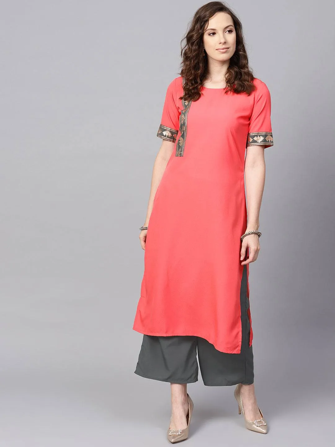 Solid Peach Crepe Kurta Palazzo Set