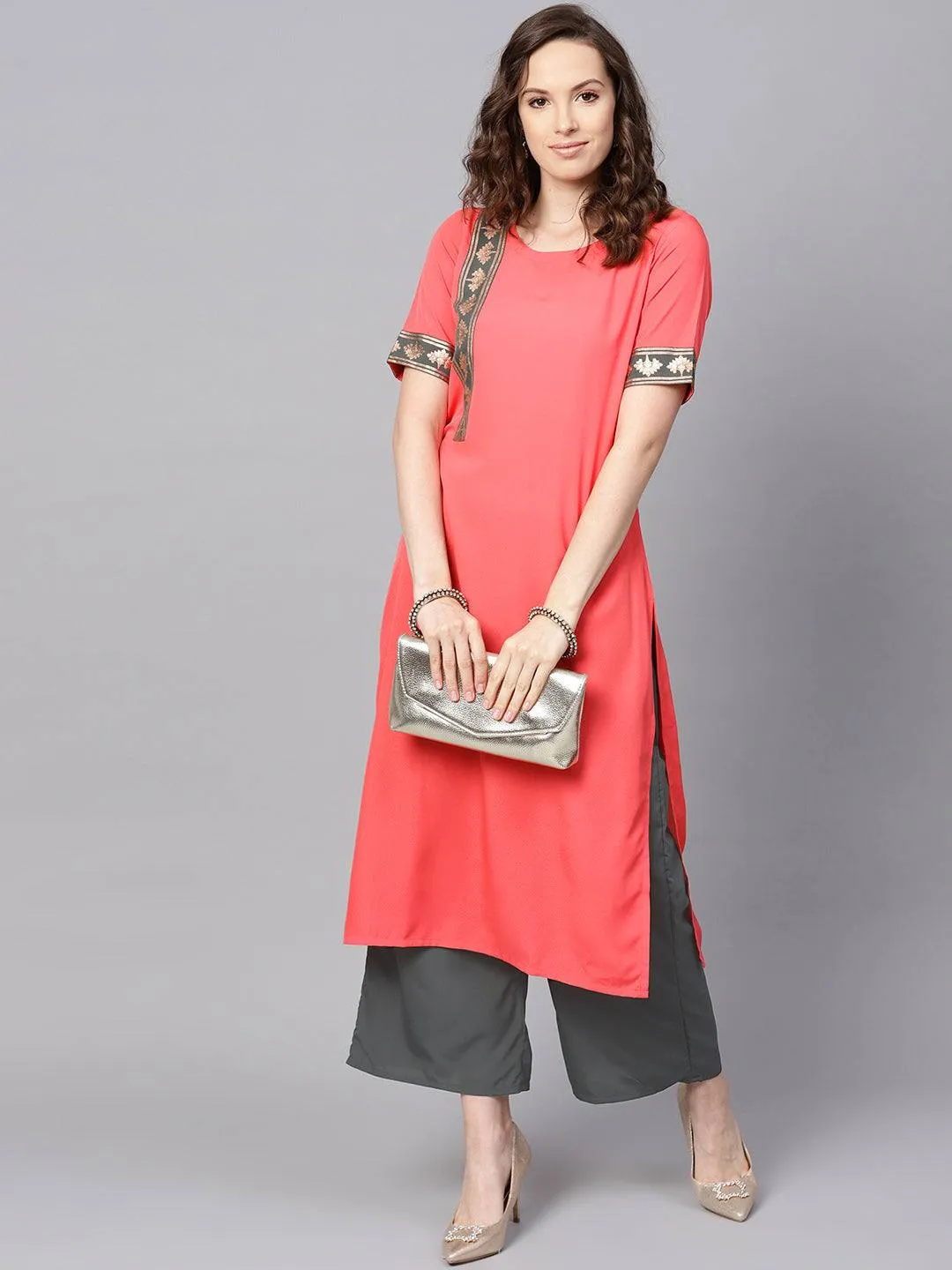 Solid Peach Crepe Kurta Palazzo Set