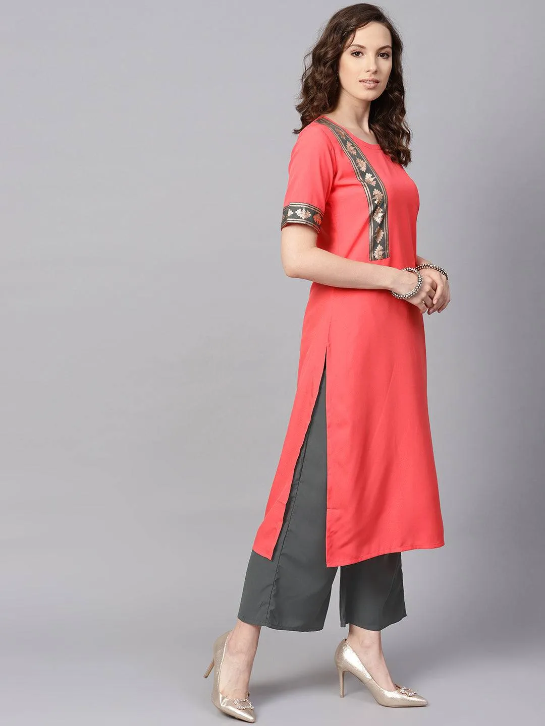 Solid Peach Crepe Kurta Palazzo Set