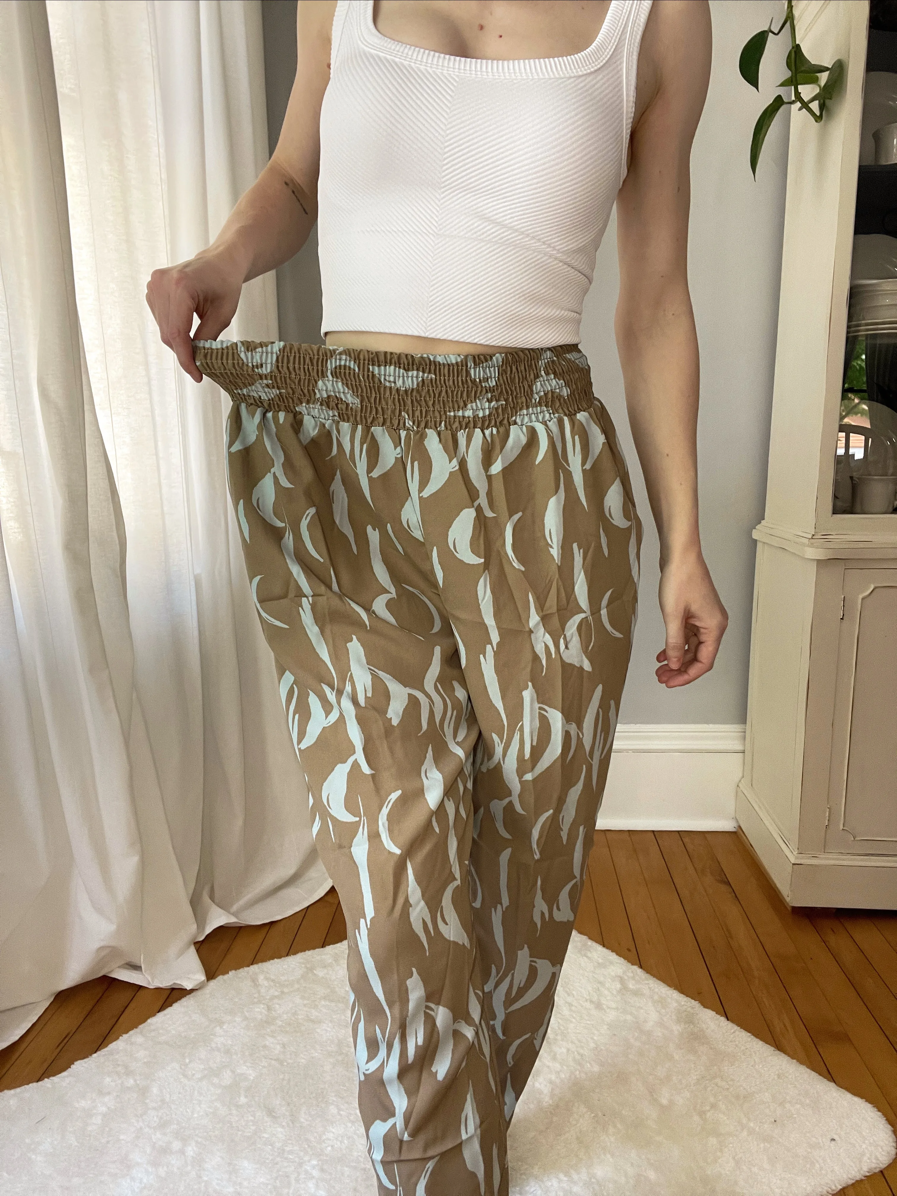 Taupe & Aqua Smocked Printed Pants - Final Sale