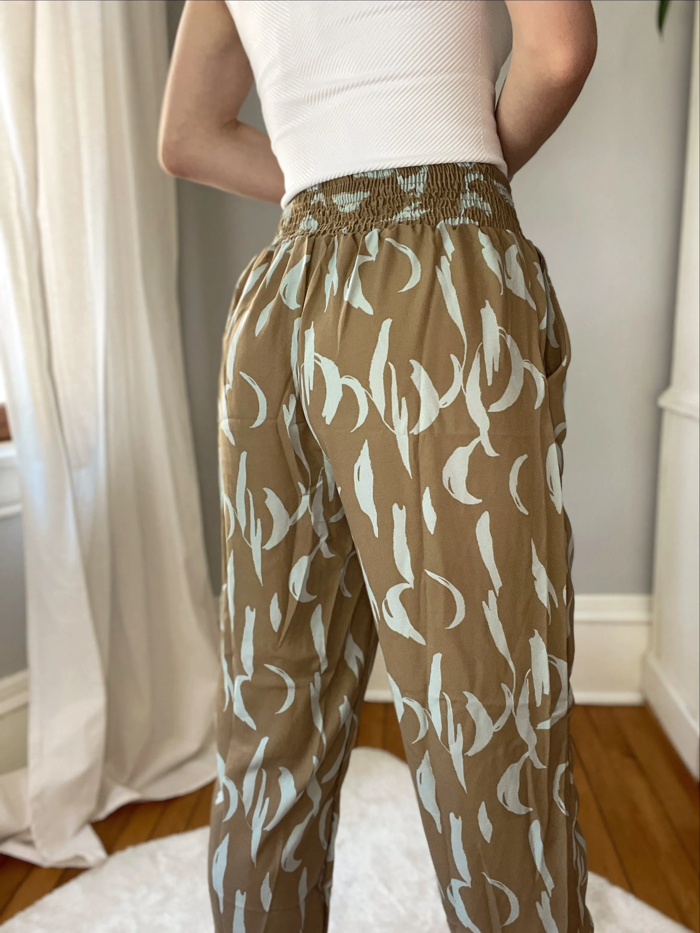 Taupe & Aqua Smocked Printed Pants - Final Sale