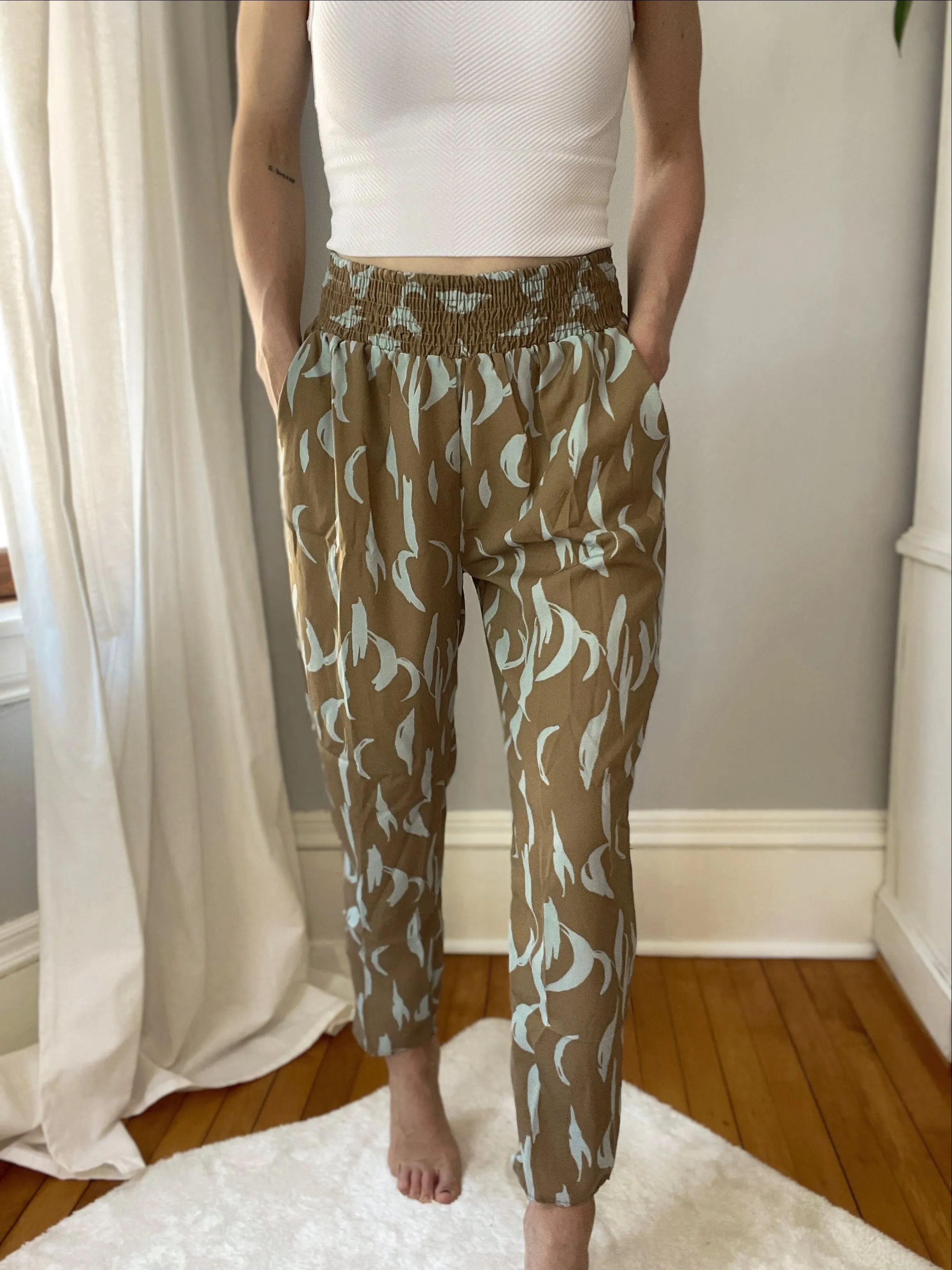 Taupe & Aqua Smocked Printed Pants - Final Sale