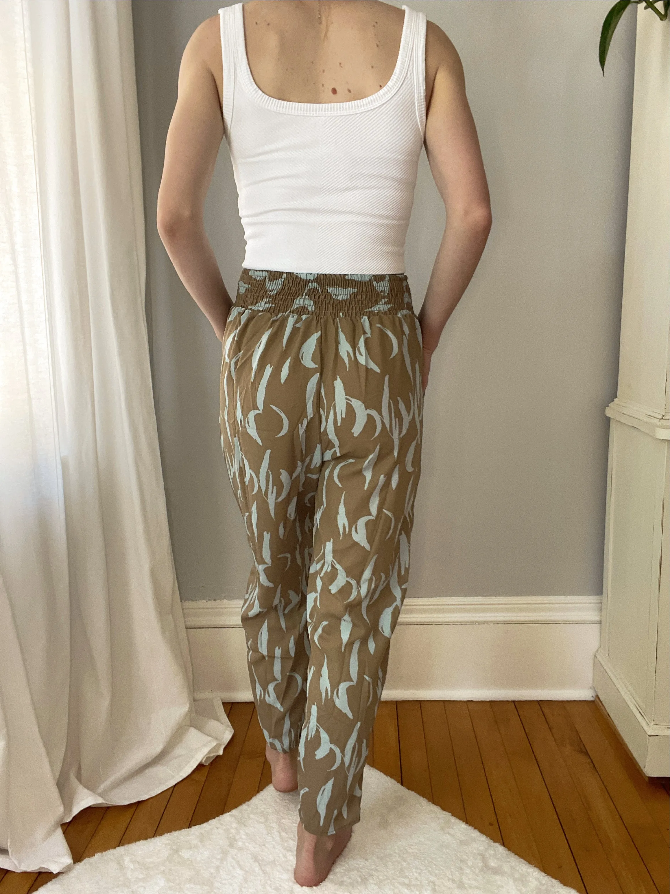 Taupe & Aqua Smocked Printed Pants - Final Sale