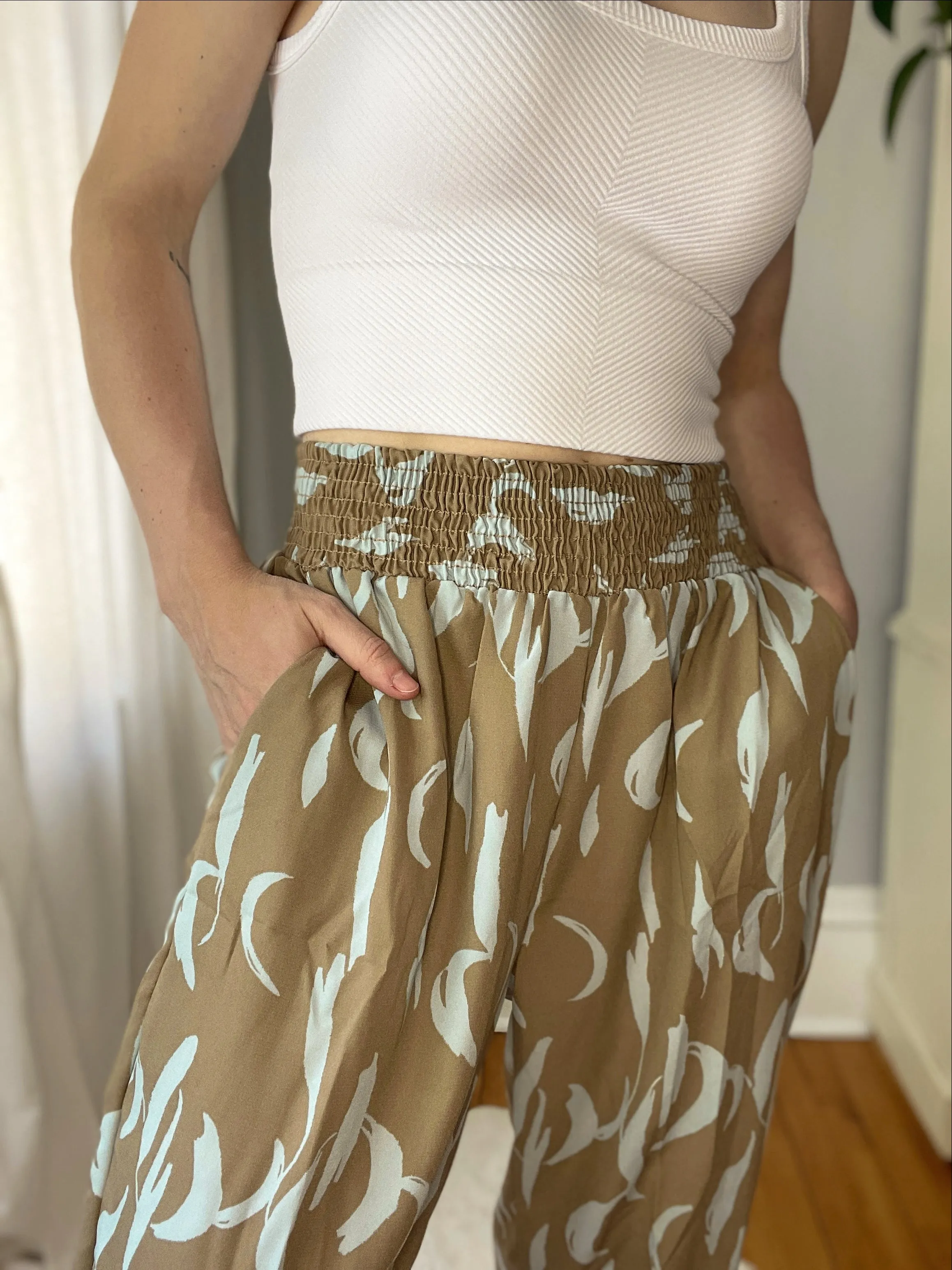 Taupe & Aqua Smocked Printed Pants - Final Sale