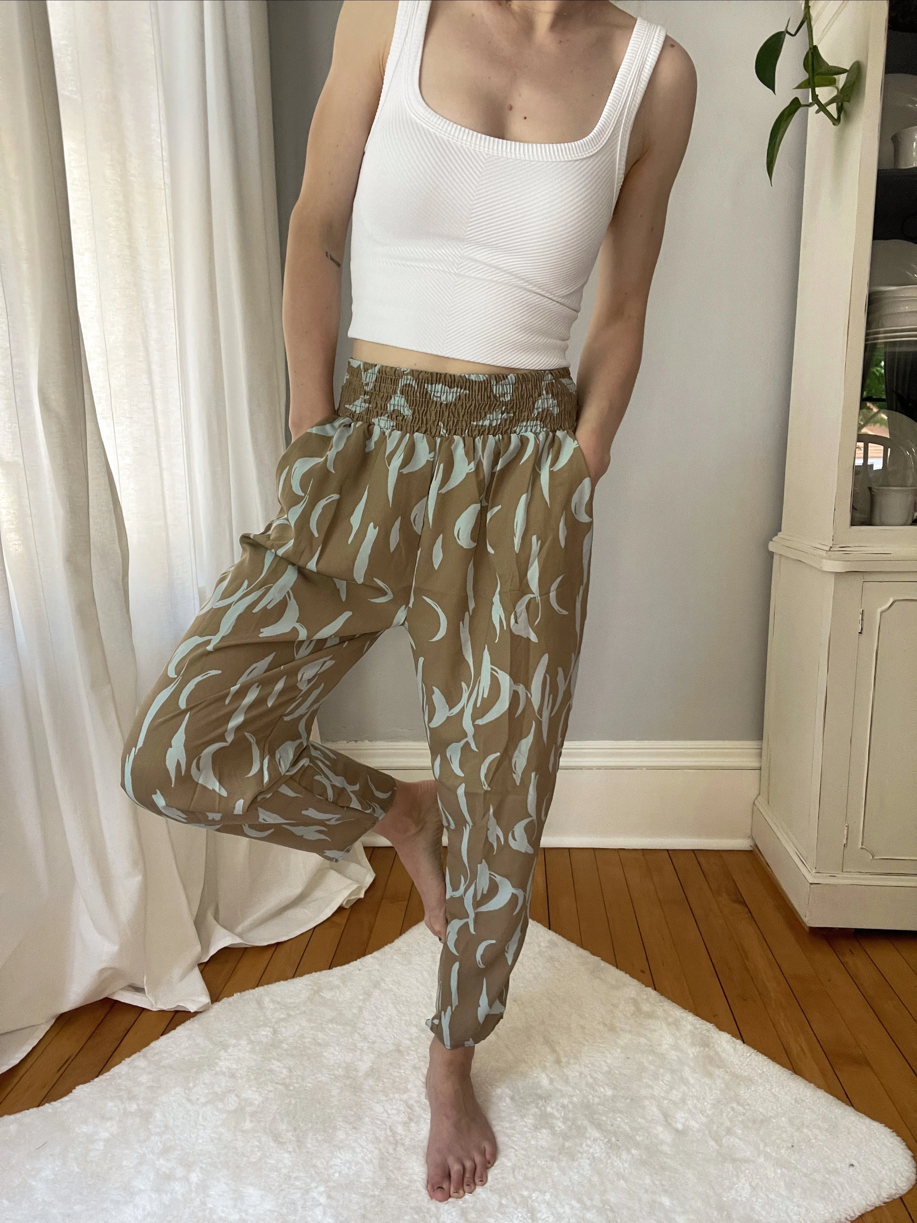 Taupe & Aqua Smocked Printed Pants - Final Sale