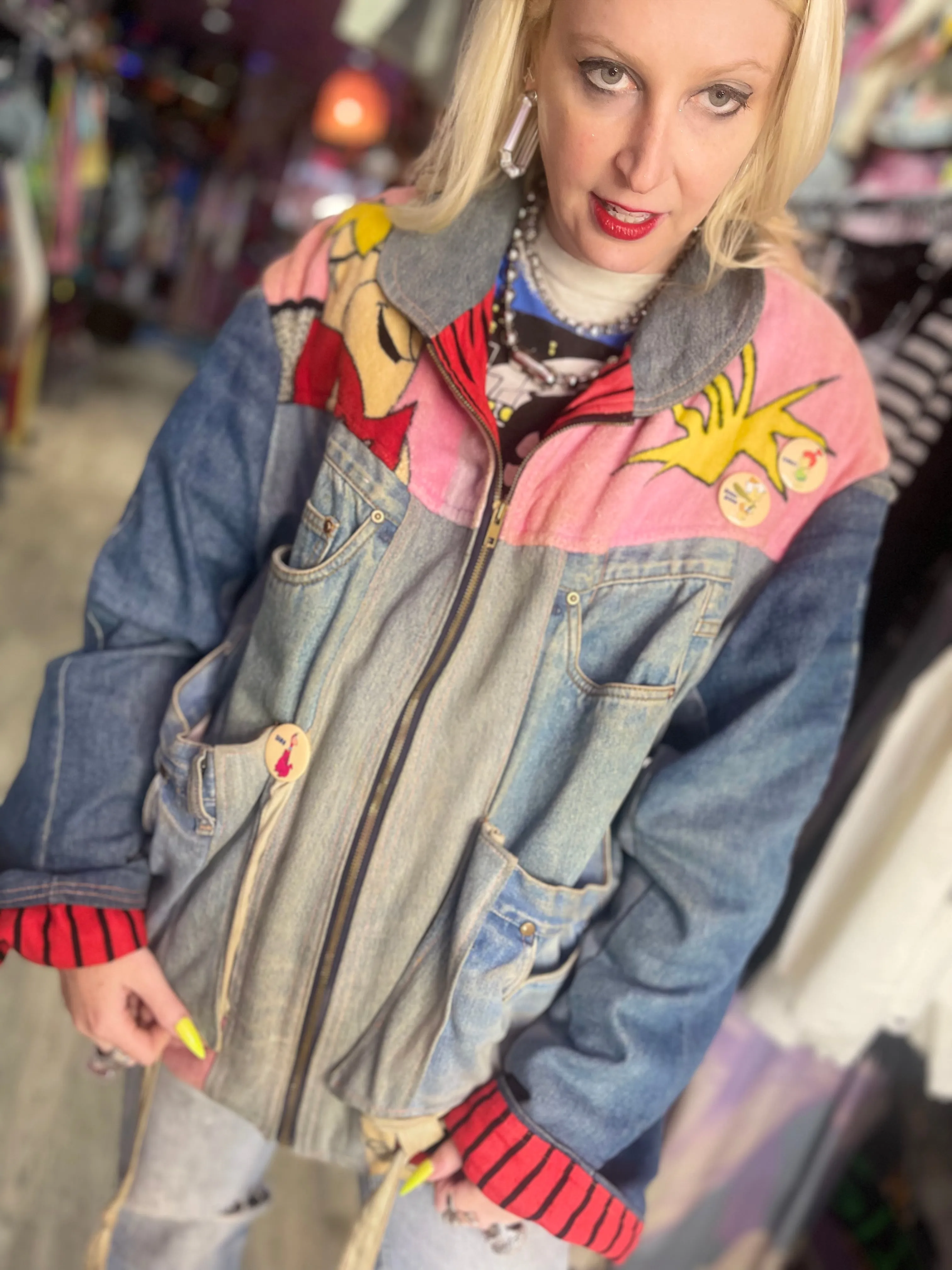 Vintage 80s Patchwork Flintstones Jean Jacket