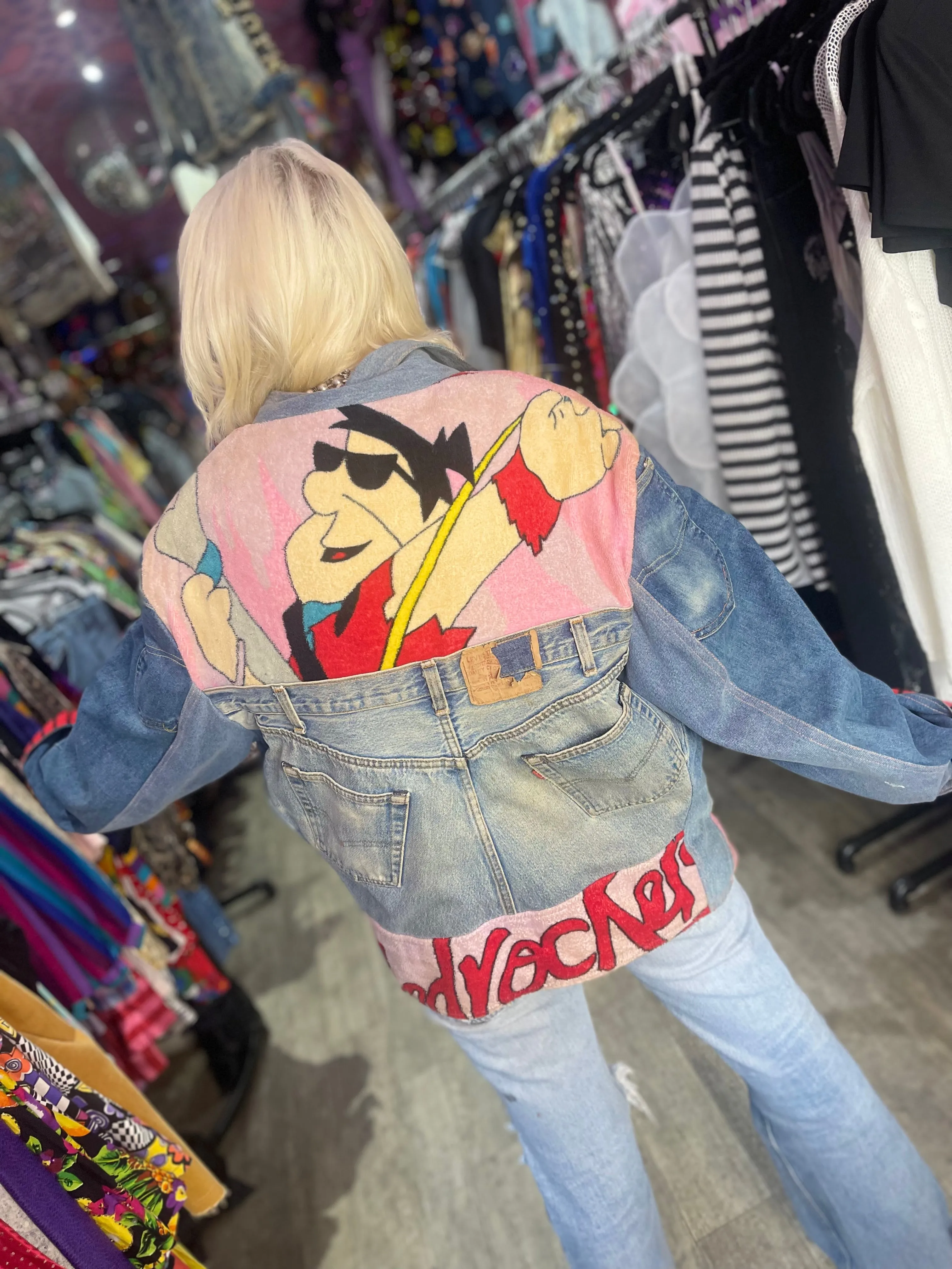 Vintage 80s Patchwork Flintstones Jean Jacket