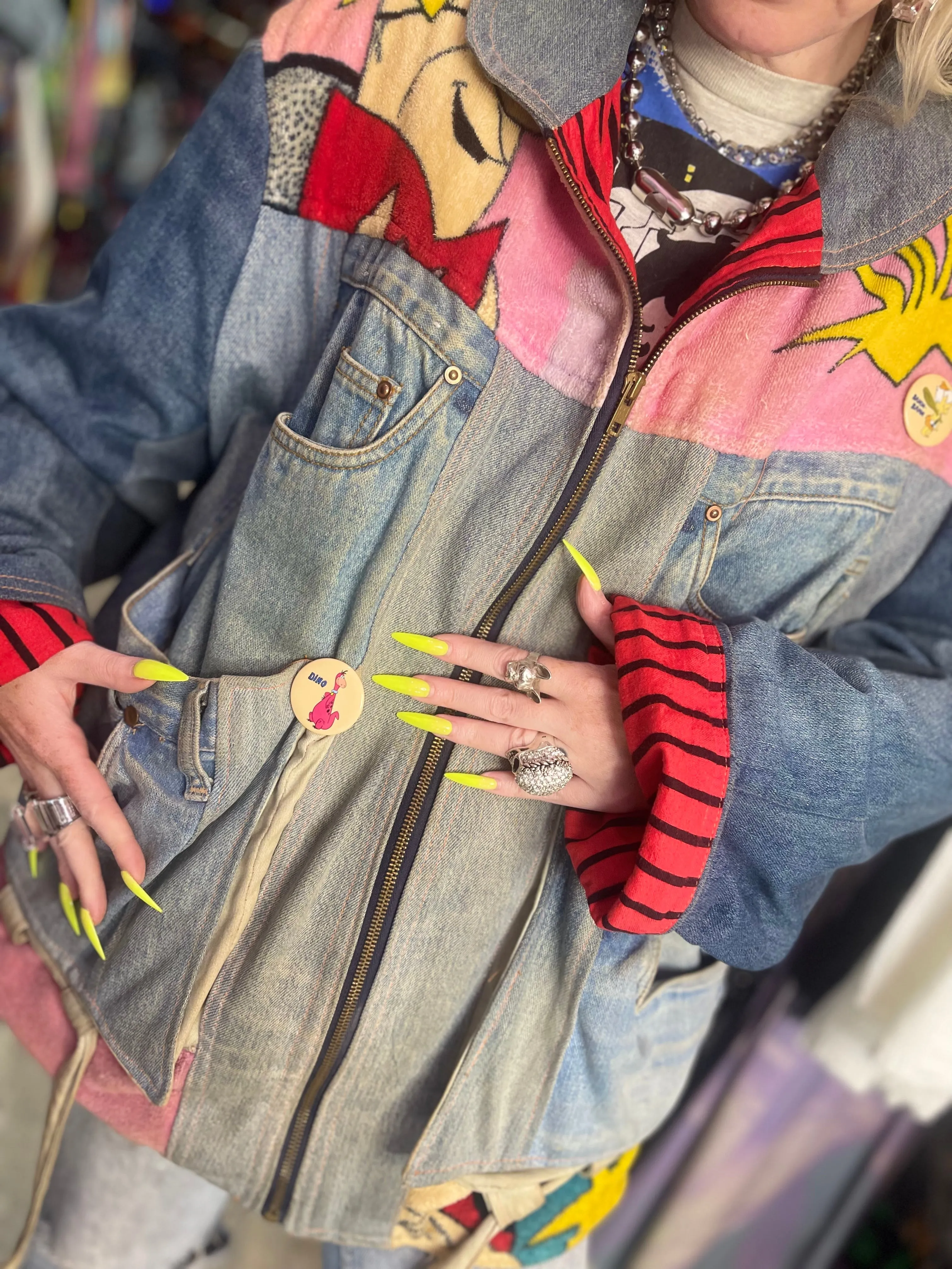 Vintage 80s Patchwork Flintstones Jean Jacket