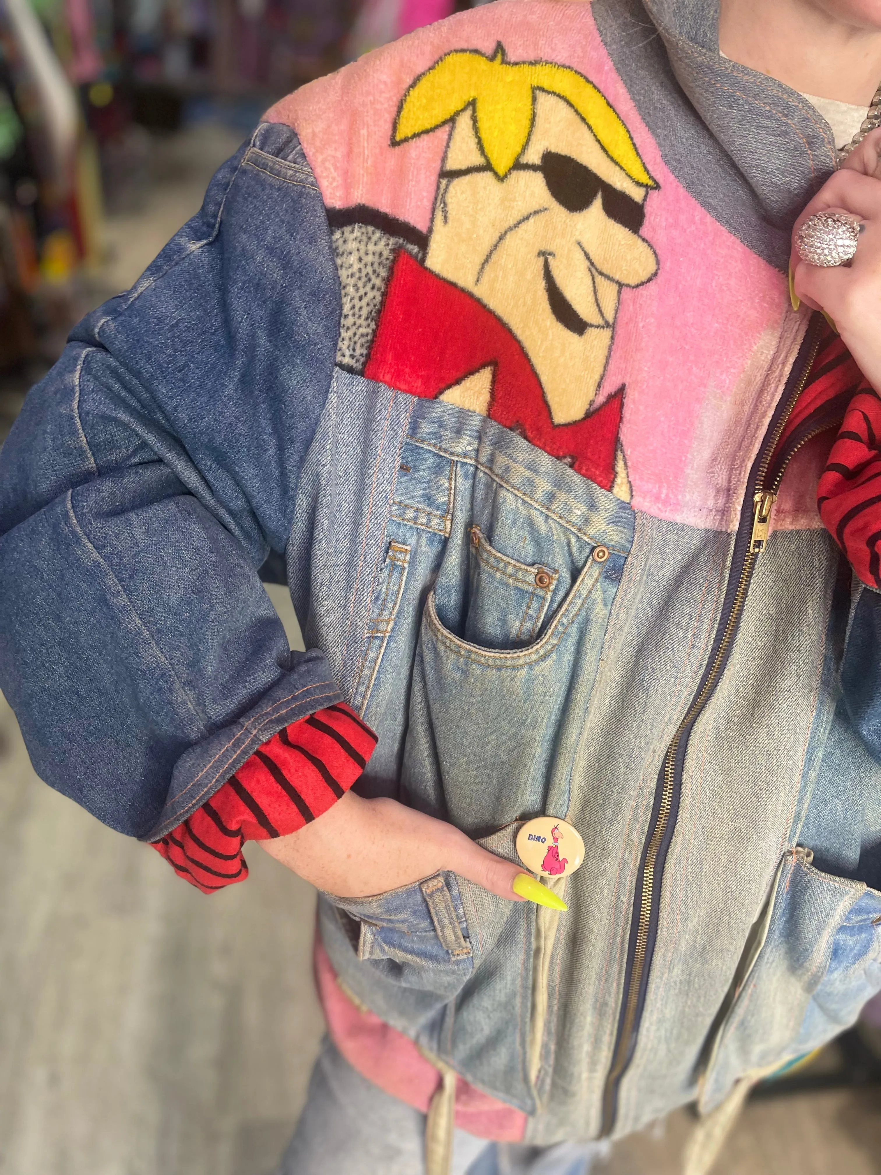 Vintage 80s Patchwork Flintstones Jean Jacket