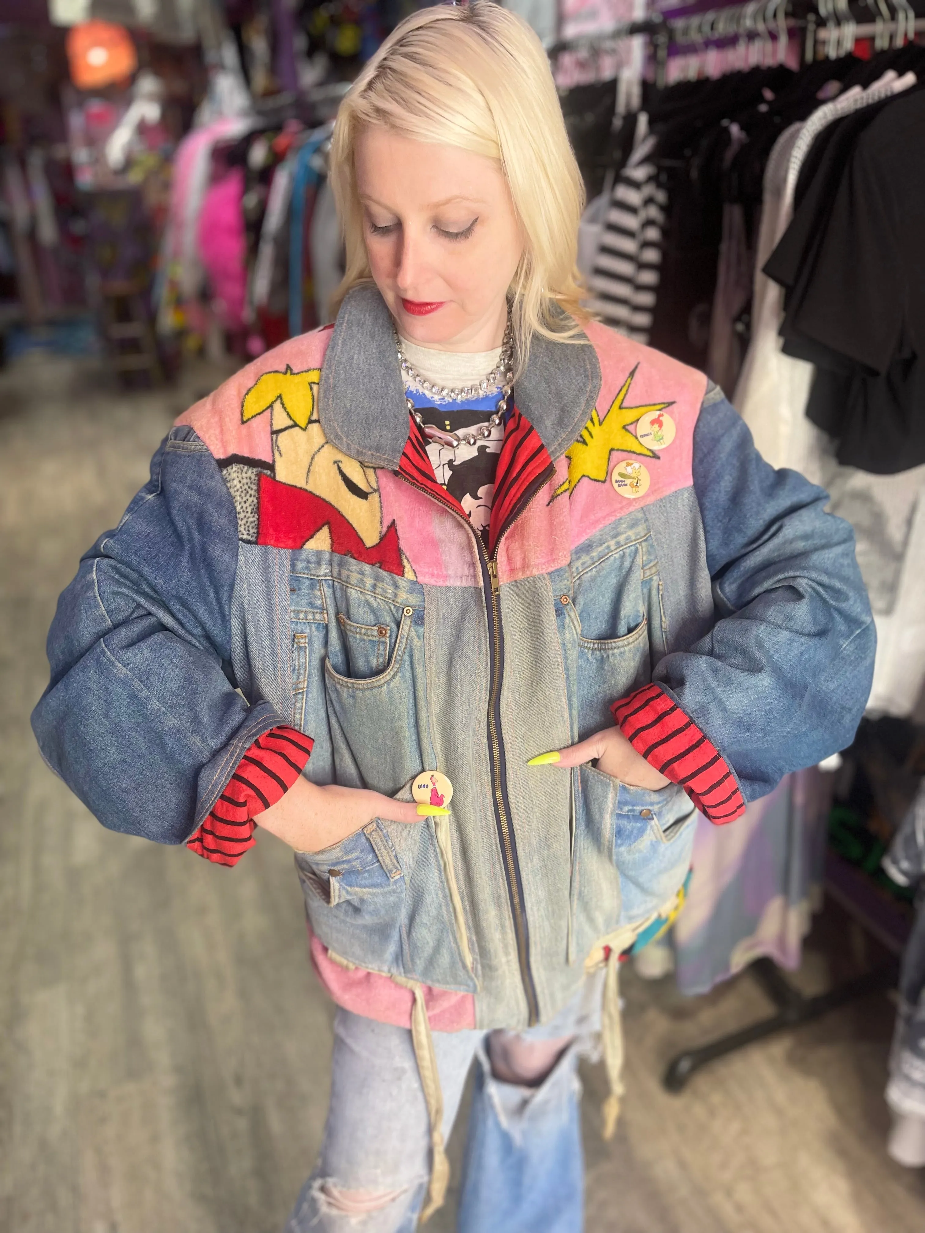 Vintage 80s Patchwork Flintstones Jean Jacket