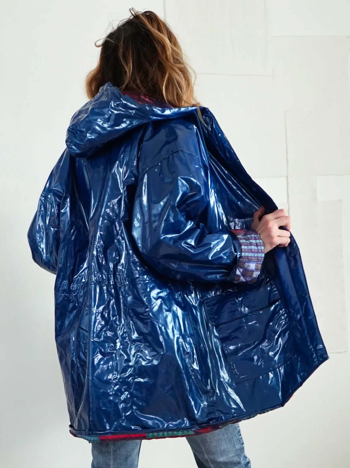 Vintage Blue Metallic Quilted Rain Coat