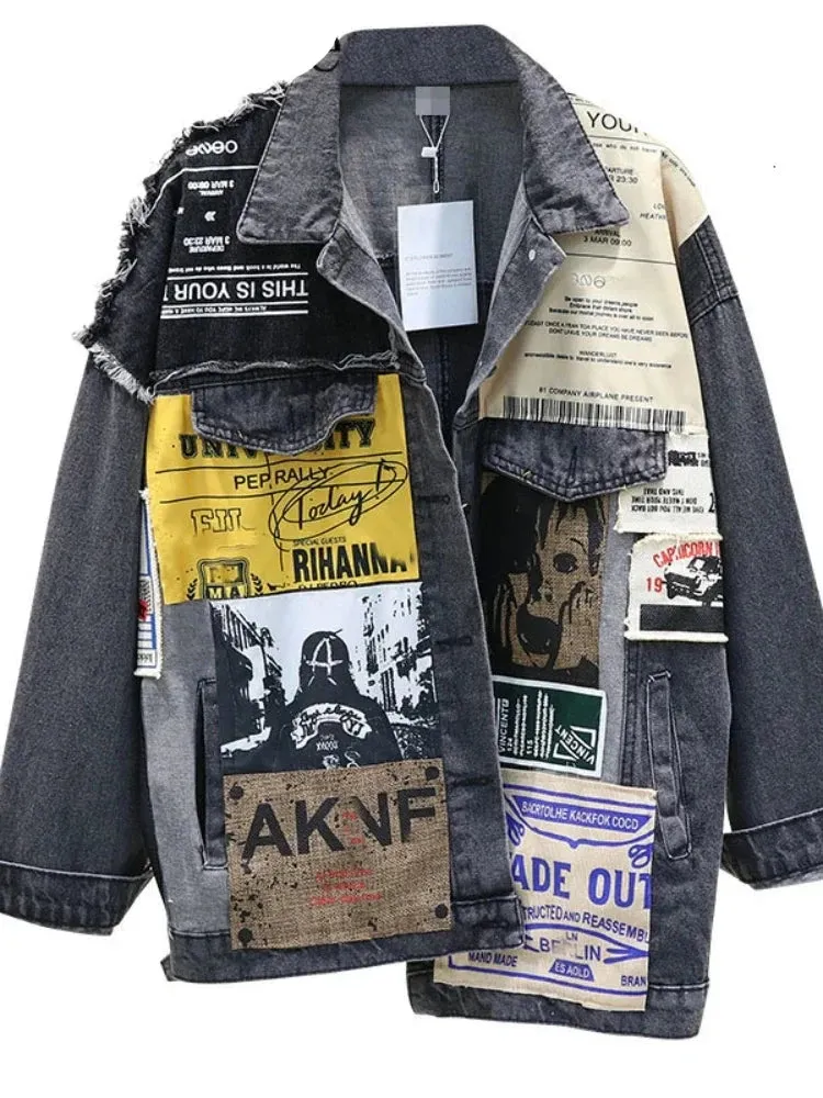 Vintage Patchwork Denim Jacket - Trendy Graphic Design