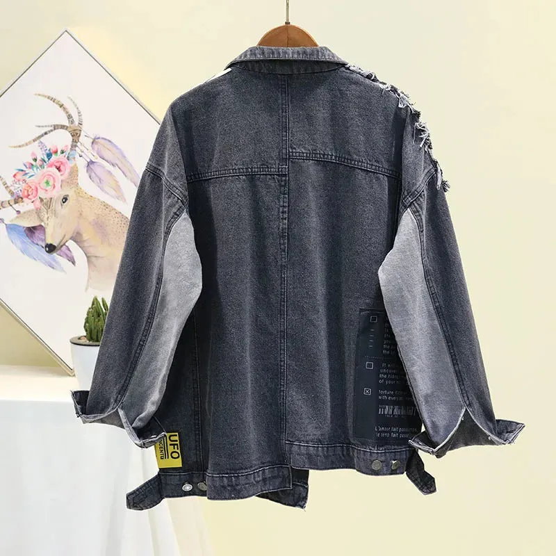 Vintage Patchwork Denim Jacket - Trendy Graphic Design