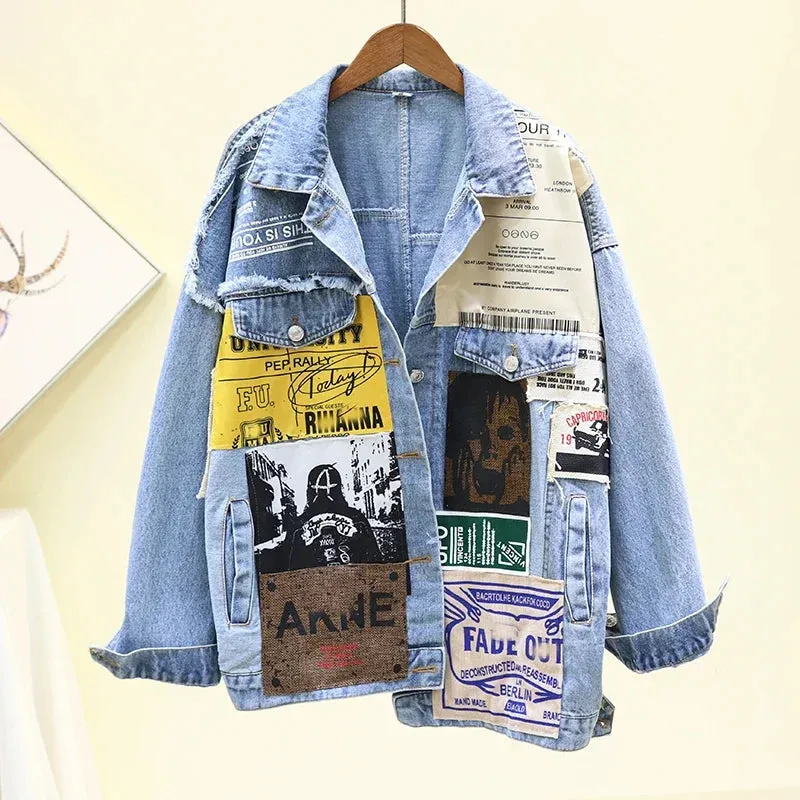 Vintage Patchwork Denim Jacket - Trendy Graphic Design