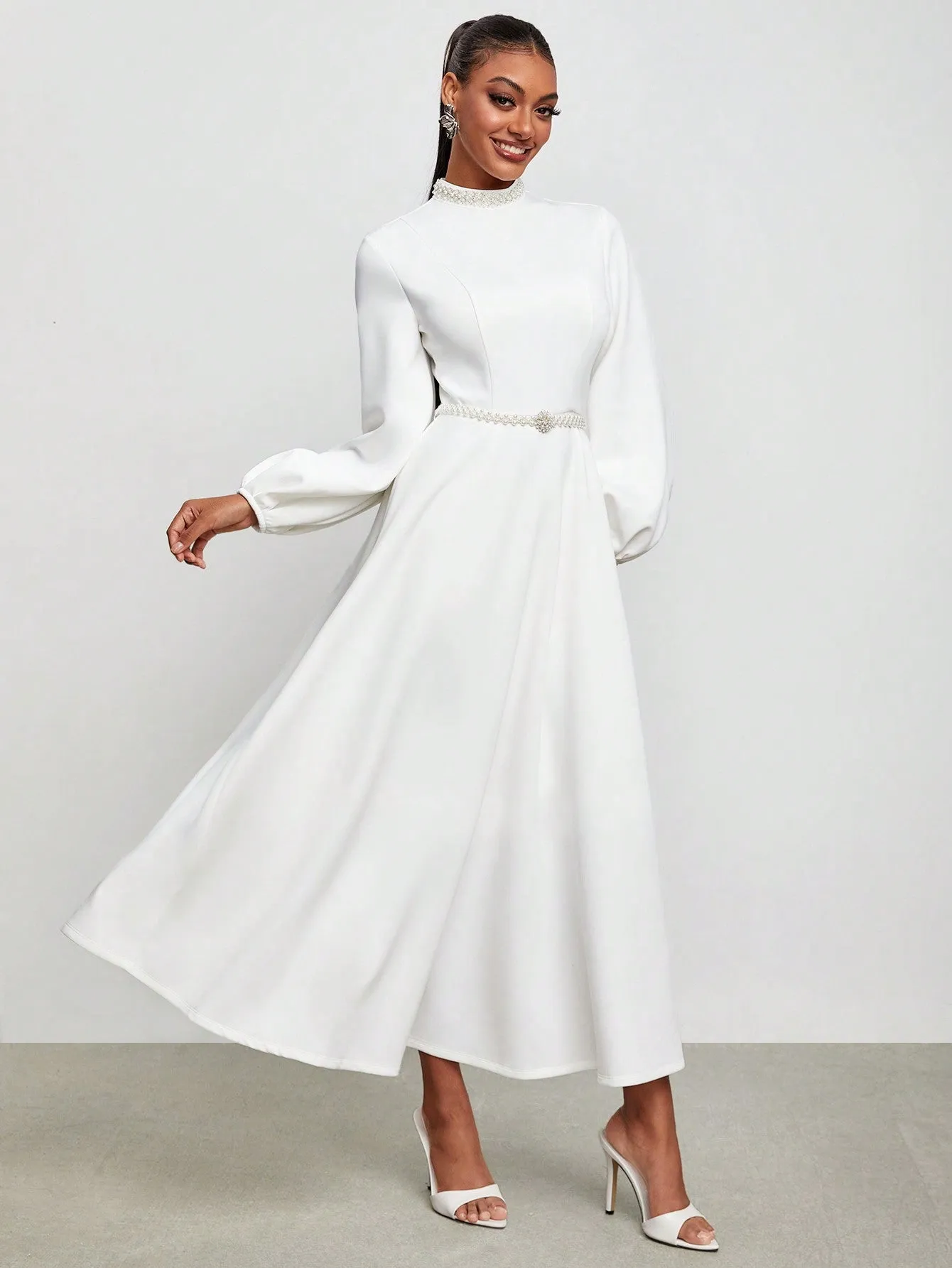 VNCIRCLE Mock Neck Lantern Sleeve Dress With Belt