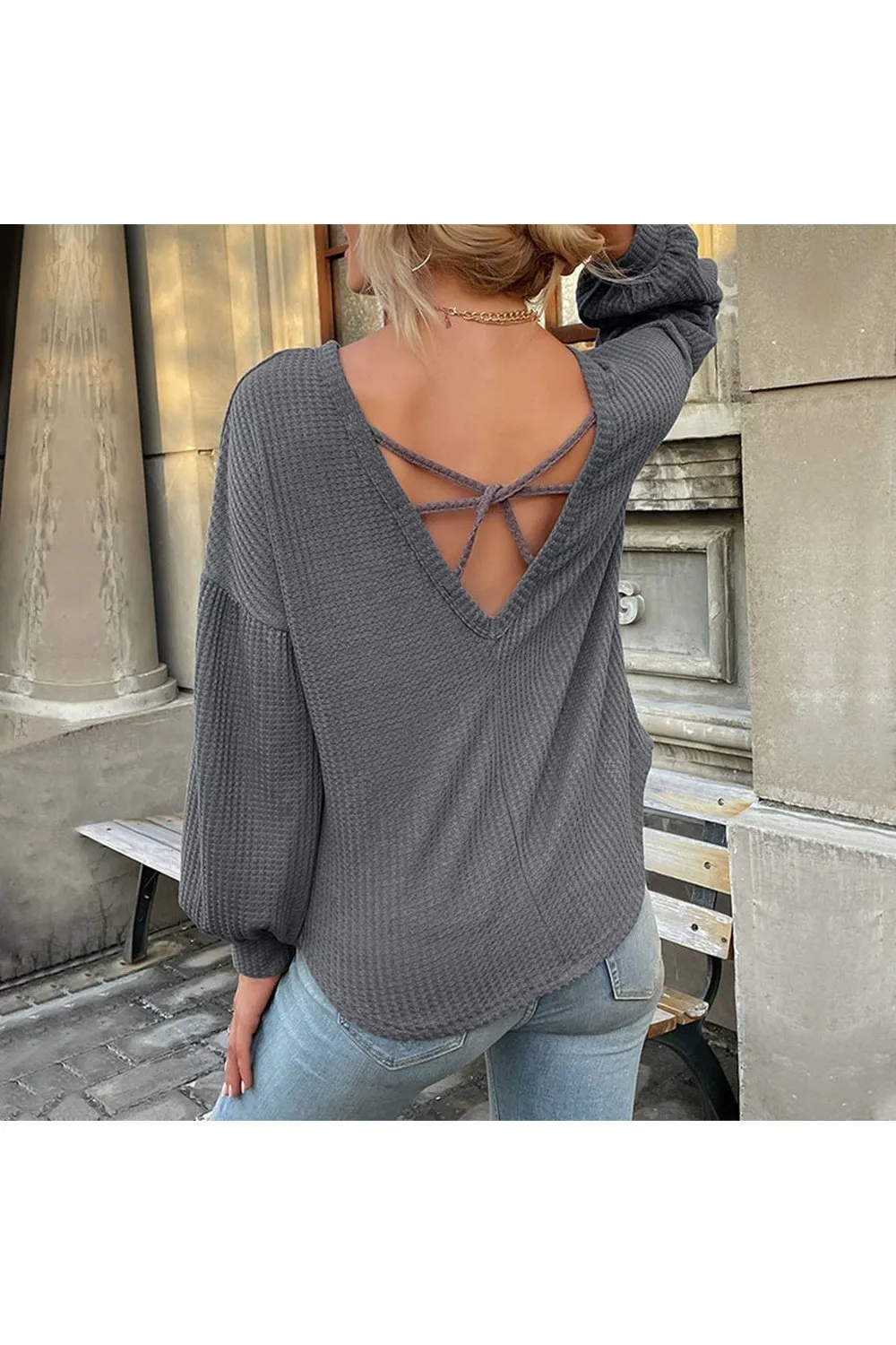 Waffle-Knit Crisscross Lantern Sleeve Top