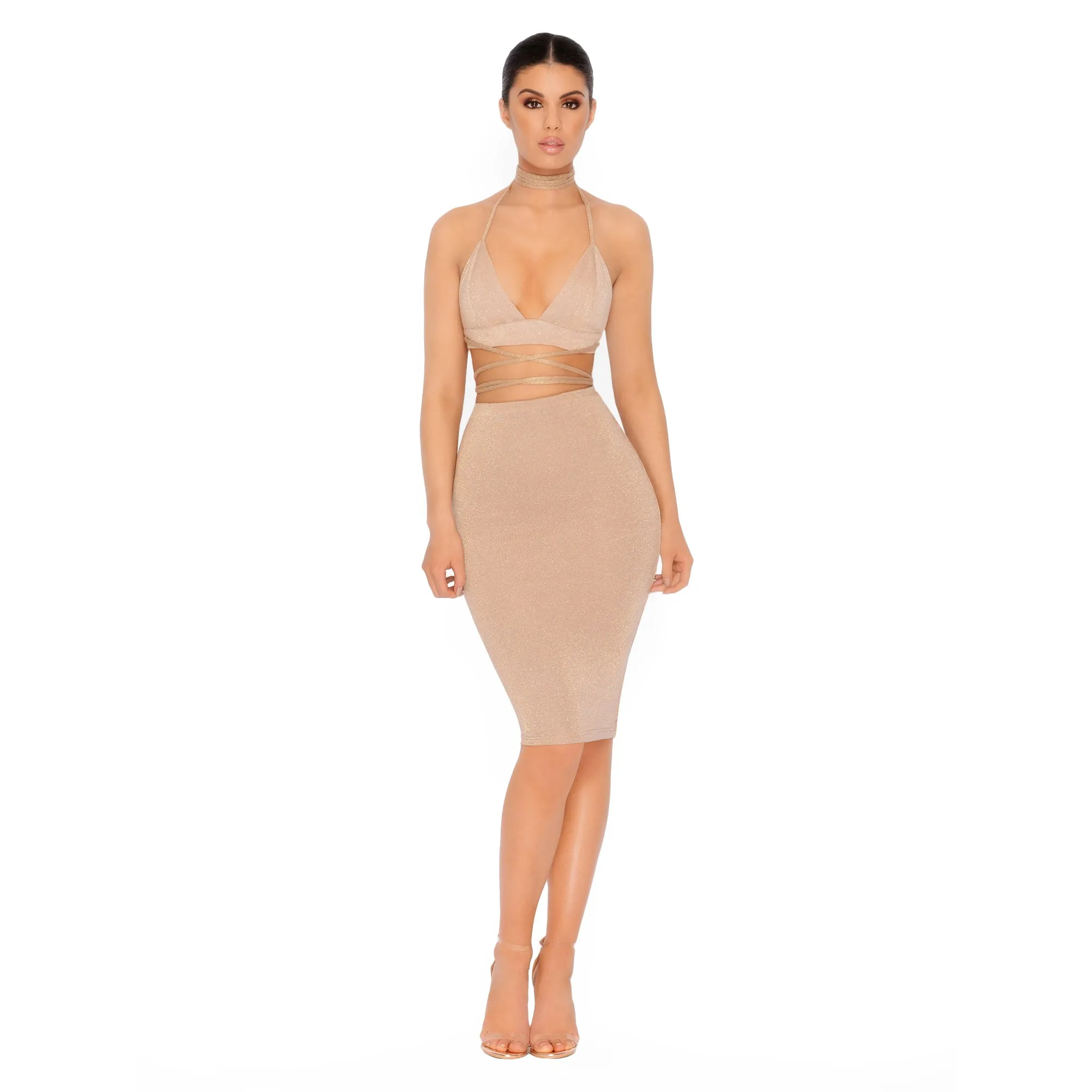 Why U So Abs-sessed Wit Me Metallic Knit Knee Length Skirt in Gold