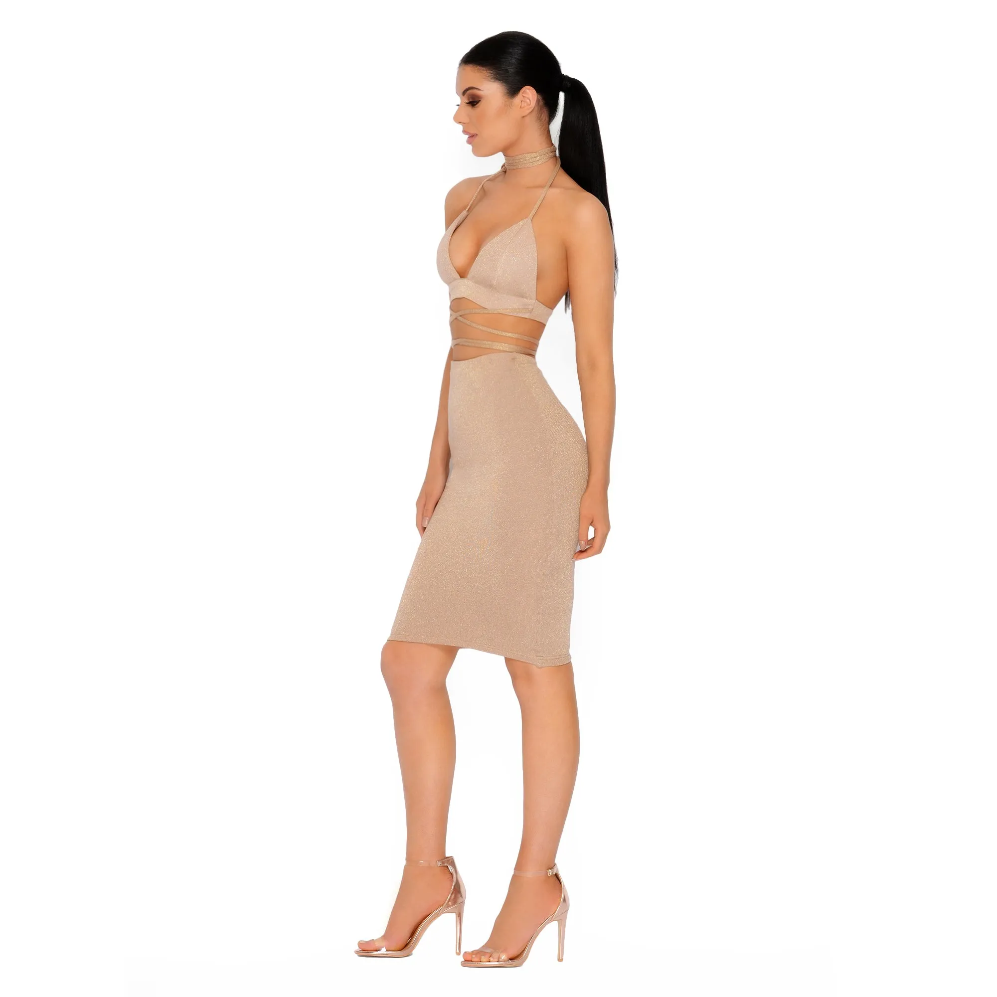 Why U So Abs-sessed Wit Me Metallic Knit Knee Length Skirt in Gold