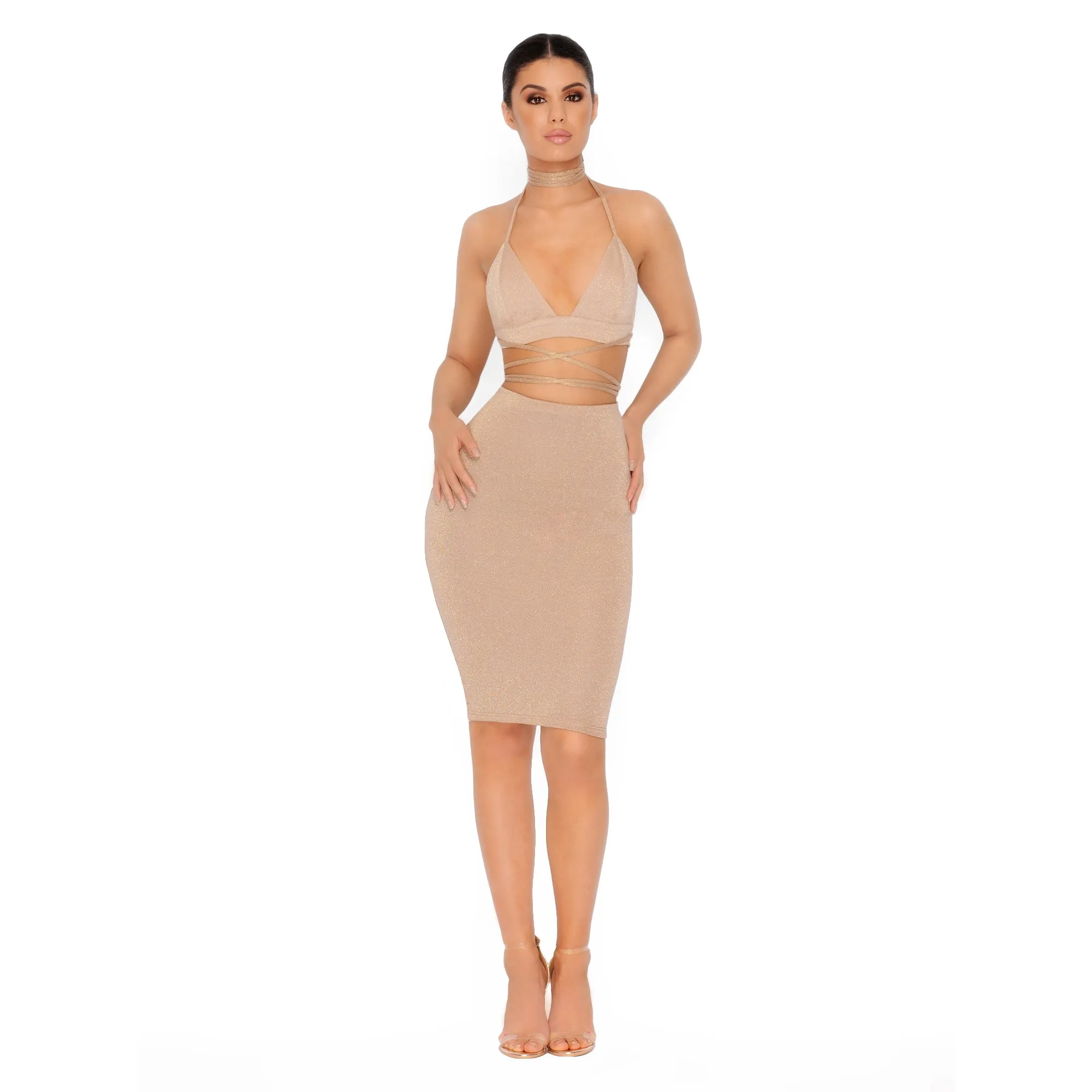 Why U So Abs-sessed Wit Me Metallic Knit Knee Length Skirt in Gold