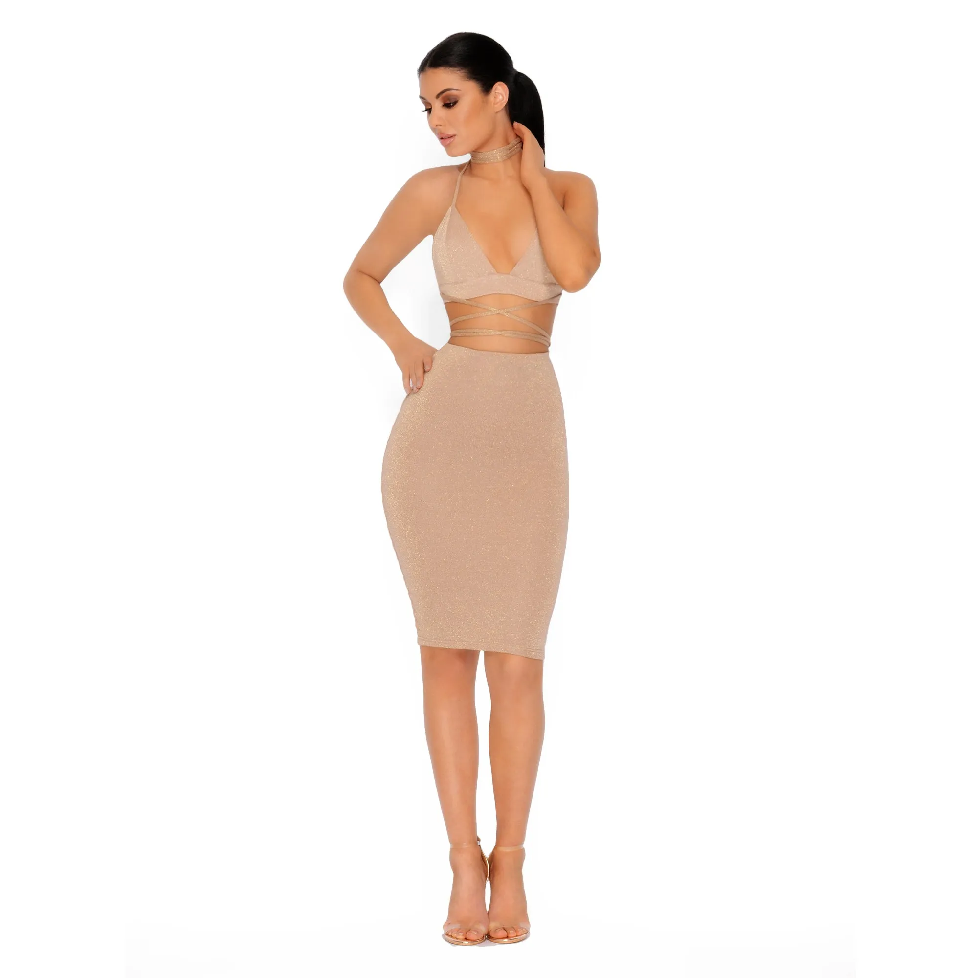 Why U So Abs-sessed Wit Me Metallic Knit Knee Length Skirt in Gold