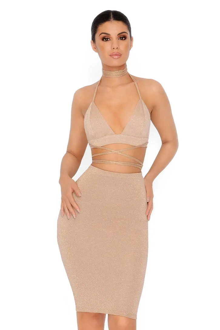 Why U So Abs-sessed Wit Me Metallic Knit Knee Length Skirt in Gold