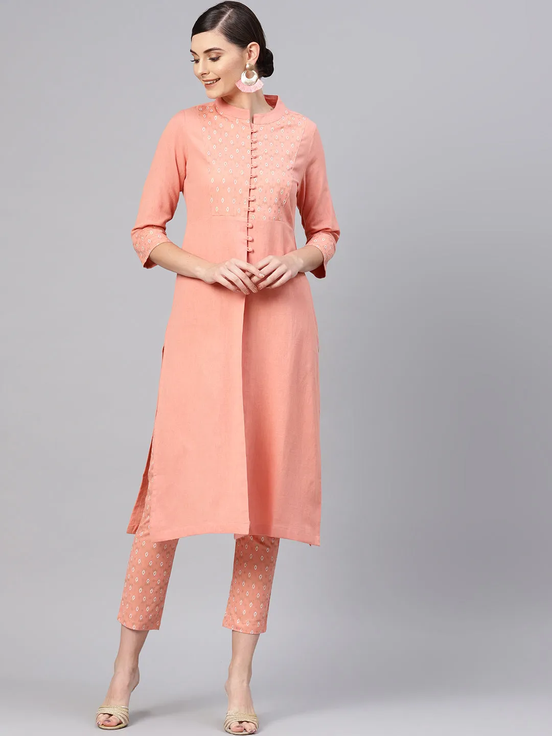 Women Peach Front Yoke Kurta With Peach Printed Pants