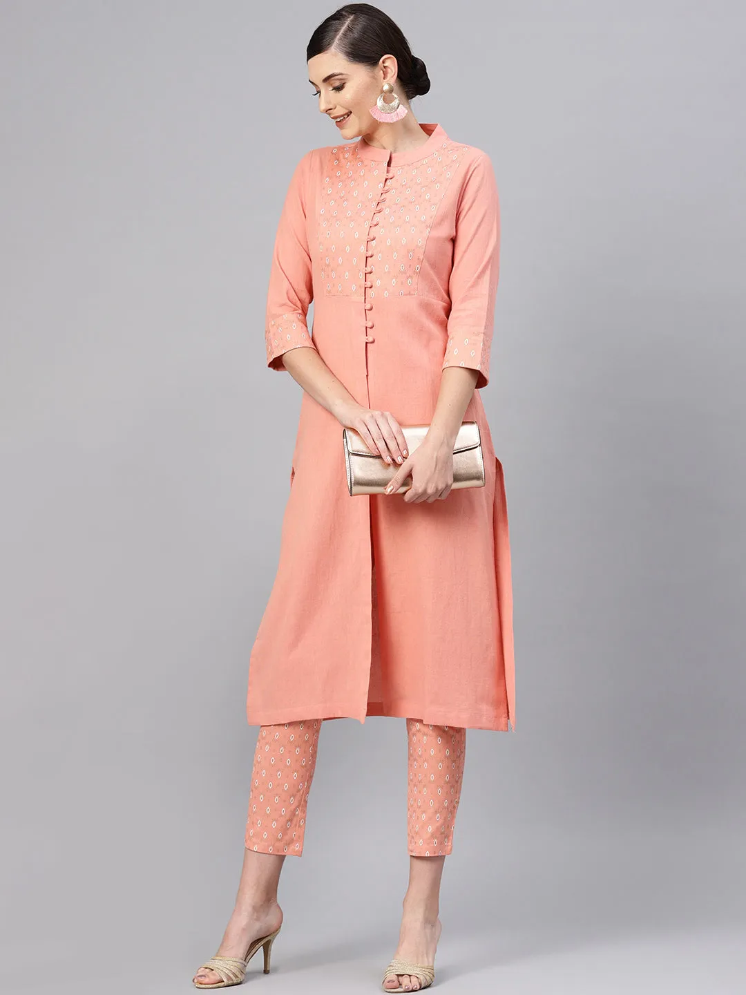 Women Peach Front Yoke Kurta With Peach Printed Pants