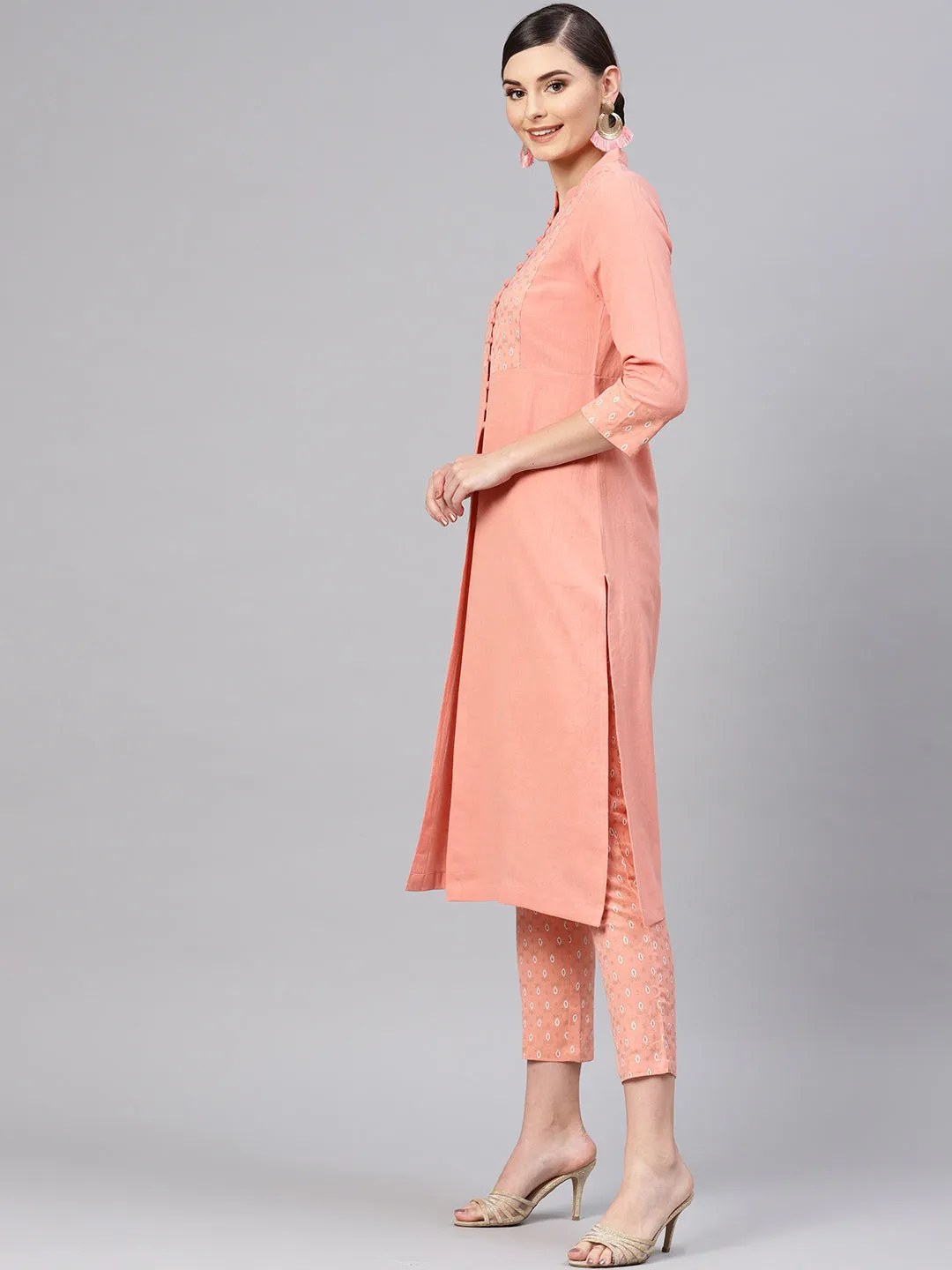 Women Peach Front Yoke Kurta With Peach Printed Pants