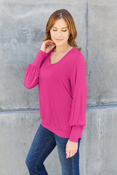 Women's Basic Bae Full Size V-Neck Lantern Sleeve Blouse