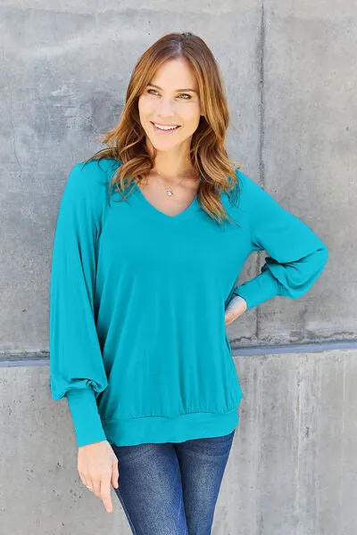 Women's Basic Bae Full Size V-Neck Lantern Sleeve Blouse