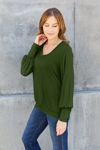 Women's Basic Bae Full Size V-Neck Lantern Sleeve Blouse