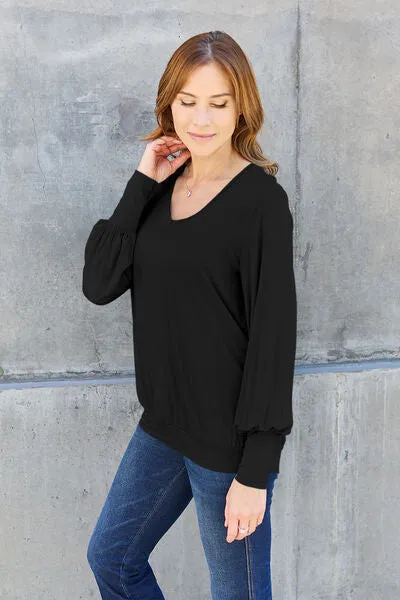 Women's Basic Bae Full Size V-Neck Lantern Sleeve Blouse