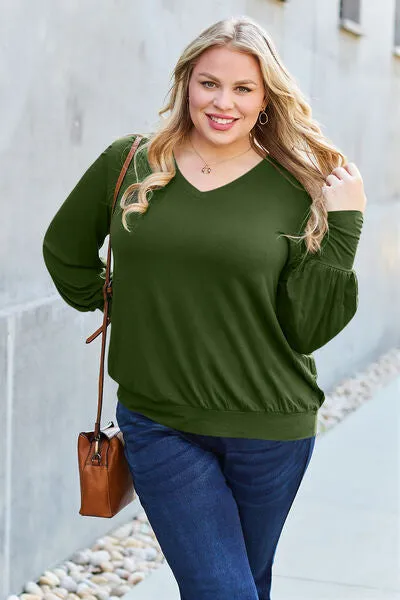 Women's Basic Bae Full Size V-Neck Lantern Sleeve Blouse